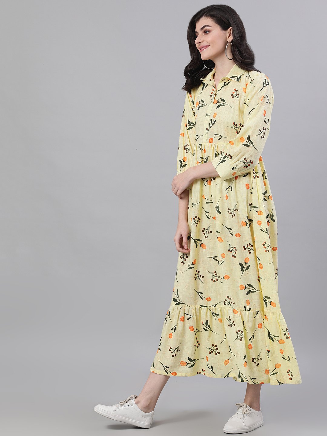 Women Yellow Floral Printed Shirt Collar Cotton A-Line Dress | NOZ2TOZ - Made In INDIA.