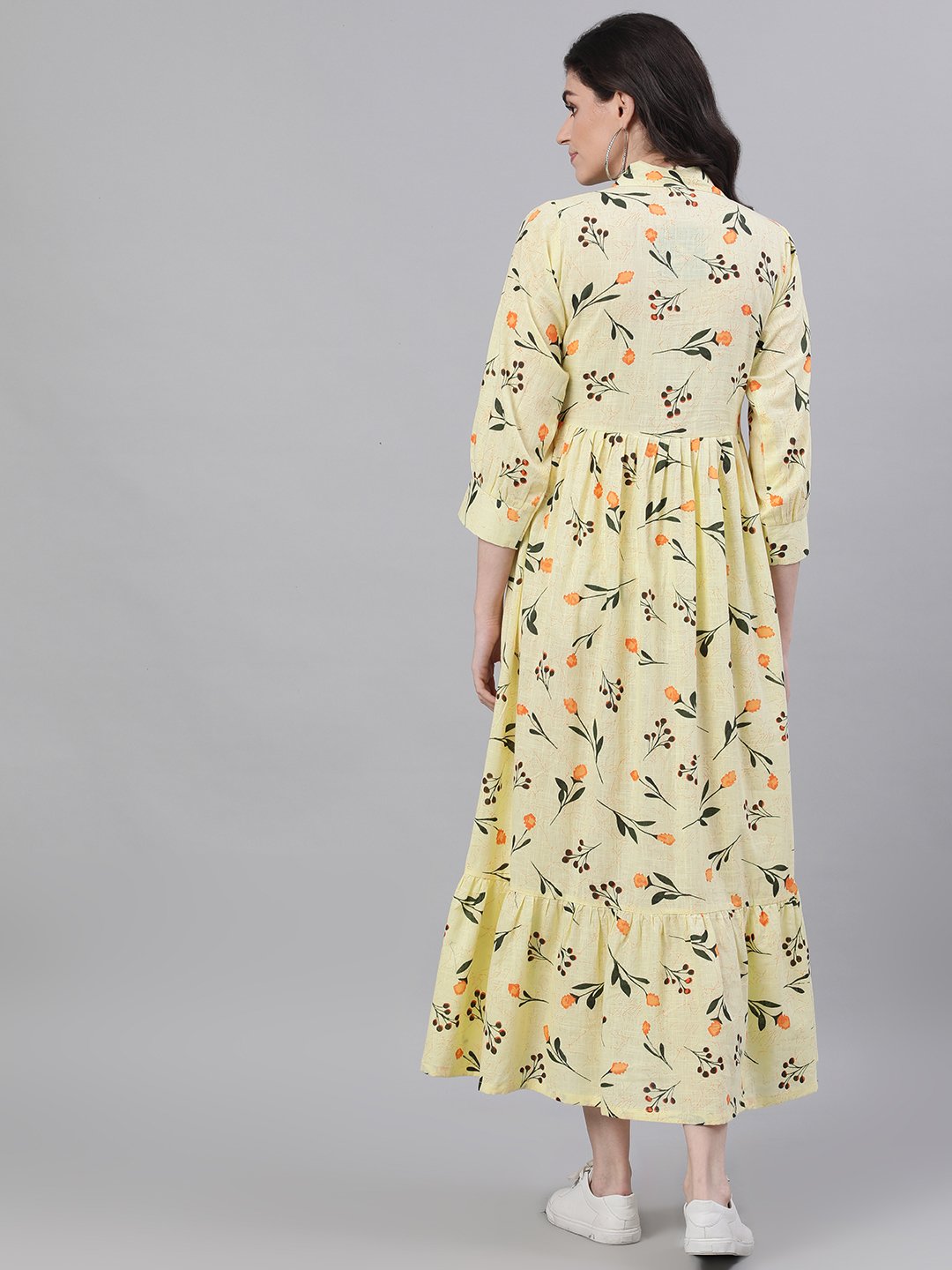 Women Yellow Floral Printed Shirt Collar Cotton A-Line Dress | NOZ2TOZ - Made In INDIA.