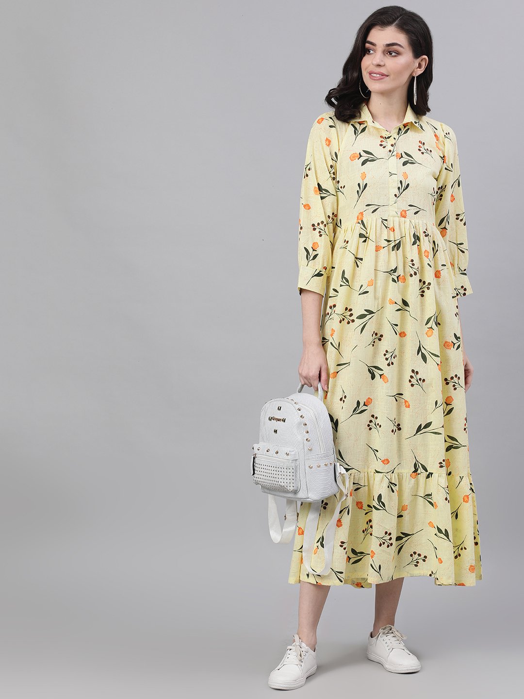 Women Yellow Floral Printed Shirt Collar Cotton A-Line Dress | NOZ2TOZ - Made In INDIA.