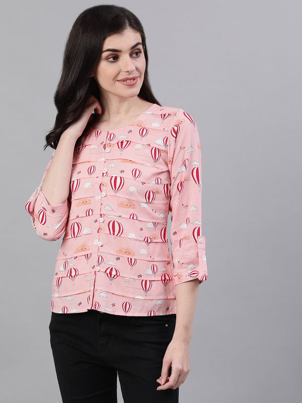 Women Peach Three-Quarter Sleeves Gathered or Pleated Top | NOZ2TOZ - Made In INDIA.