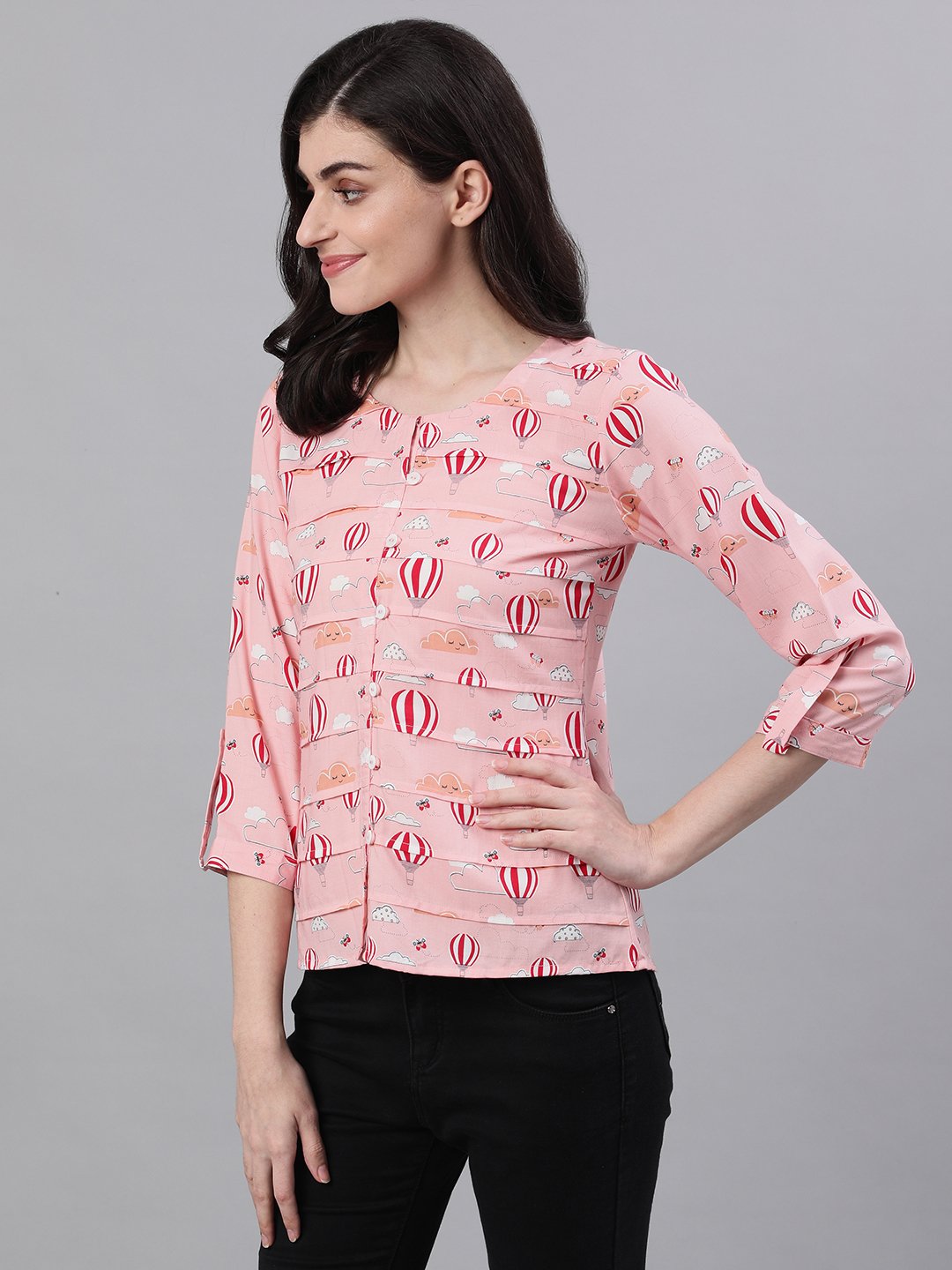 Women Peach Three-Quarter Sleeves Gathered or Pleated Top | NOZ2TOZ - Made In INDIA.