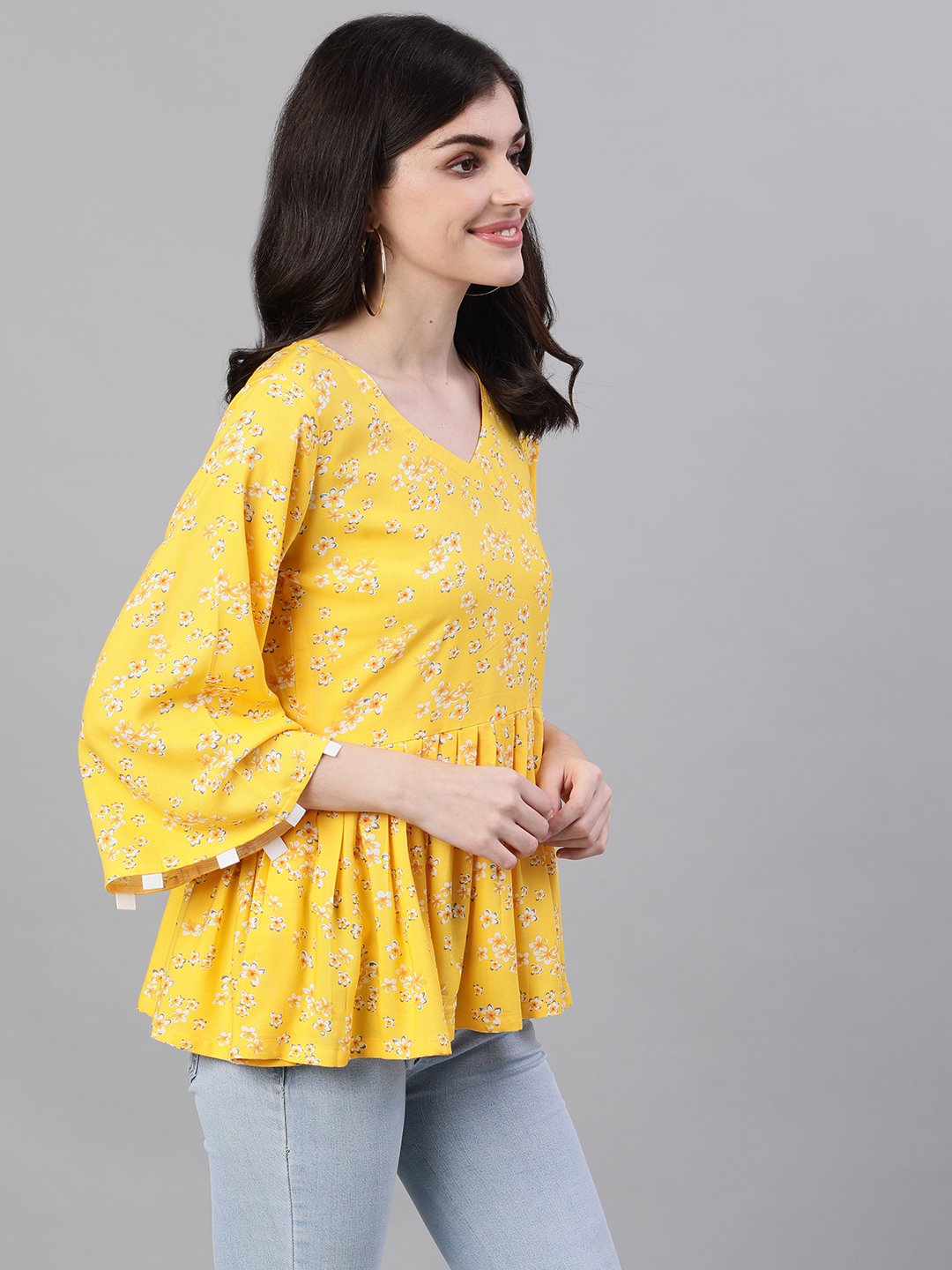 Women Yellow Three-Quarter Sleeves Gathered or Pleated Top | NOZ2TOZ - Made In INDIA.