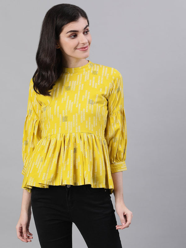 Women Yellow Three-Quarter Sleeves Gathered or Pleated Top | NOZ2TOZ - Made In INDIA.