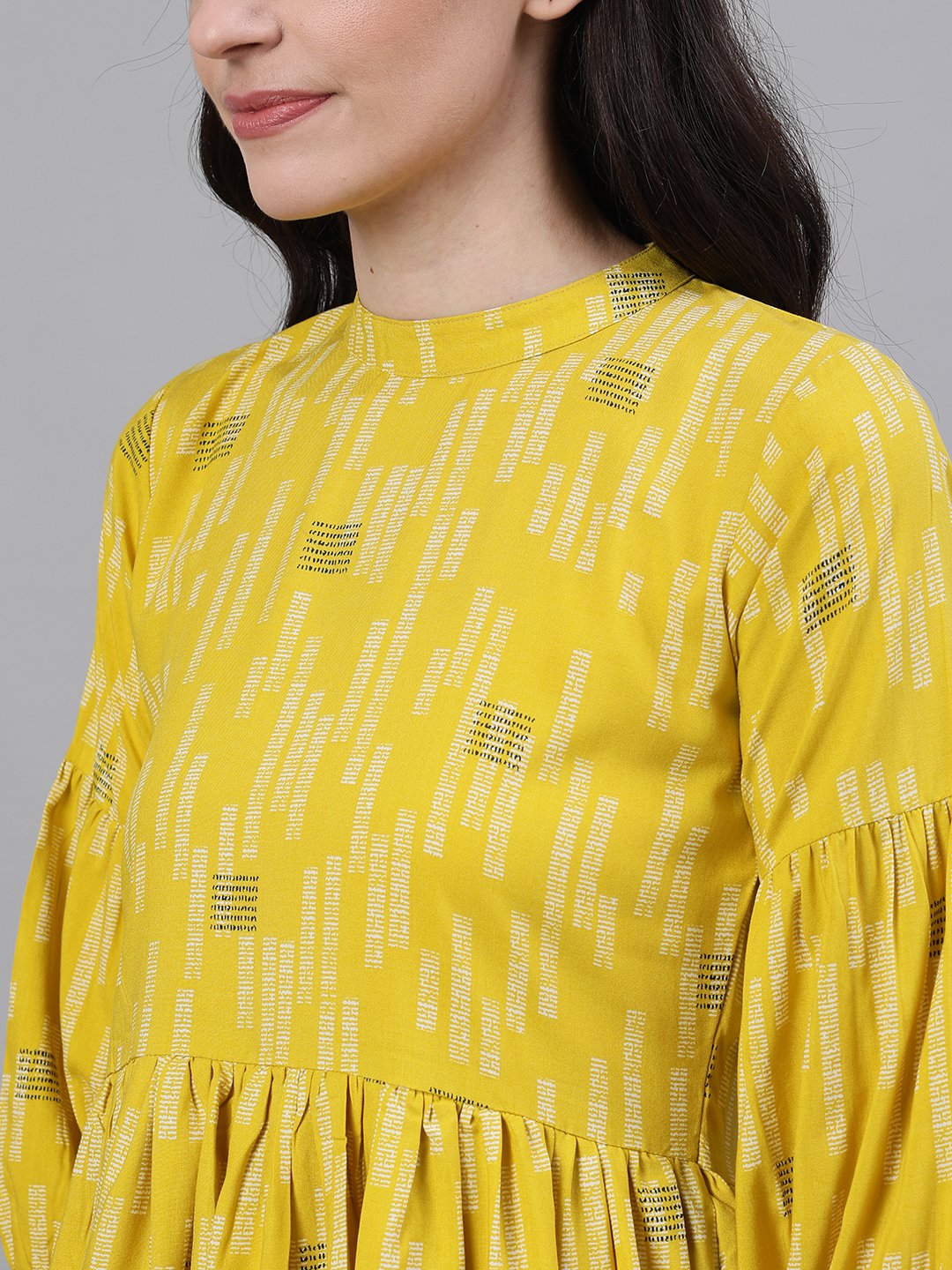 Women Yellow Three-Quarter Sleeves Gathered or Pleated Top | NOZ2TOZ - Made In INDIA.