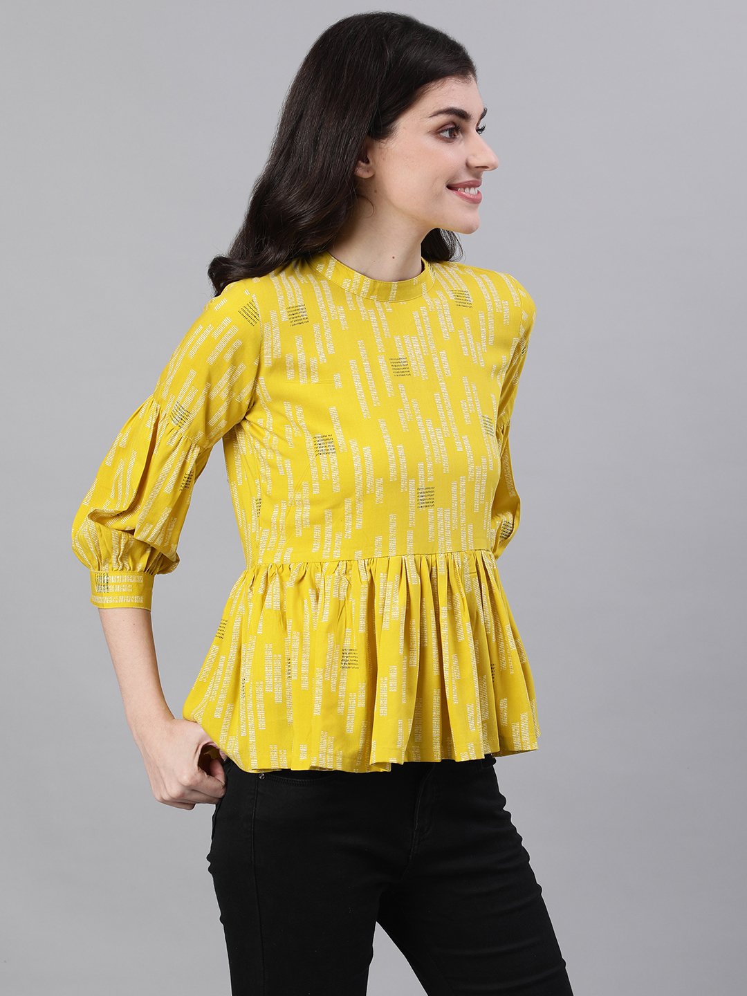 Women Yellow Three-Quarter Sleeves Gathered or Pleated Top | NOZ2TOZ - Made In INDIA.