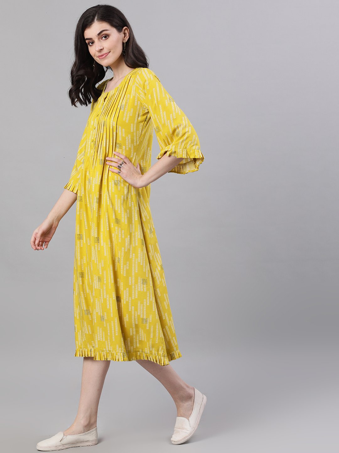 Women Yellow Conversational Printed Round Neck Viscose Rayon A-Line Dress | NOZ2TOZ - Made In INDIA.