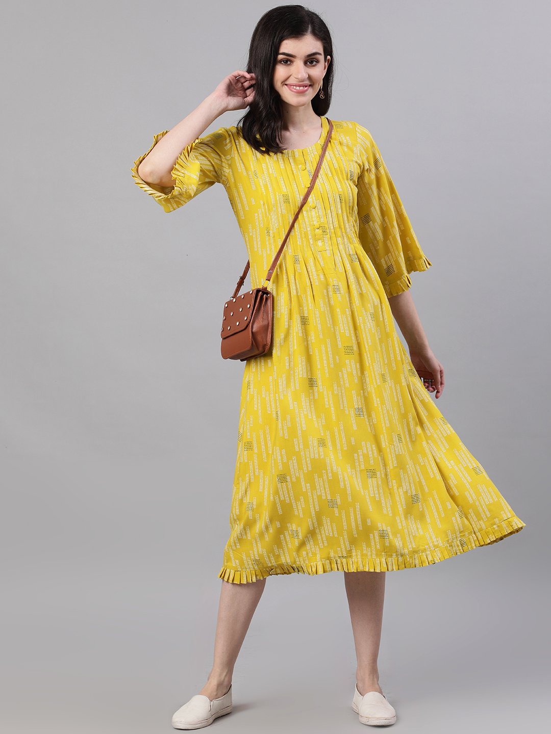 Women Yellow Conversational Printed Round Neck Viscose Rayon A-Line Dress | NOZ2TOZ - Made In INDIA.