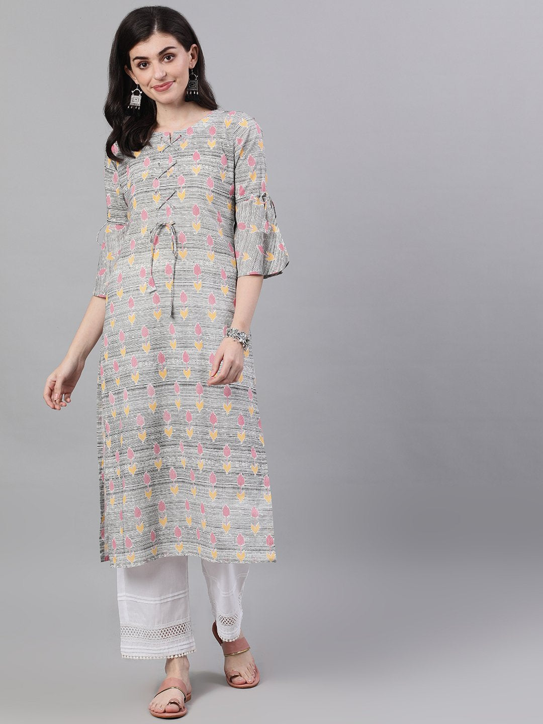 Women Grey Ethnic Motifs Printed V-Neck Cotton A-Line Dress | NOZ2TOZ - Made In INDIA.