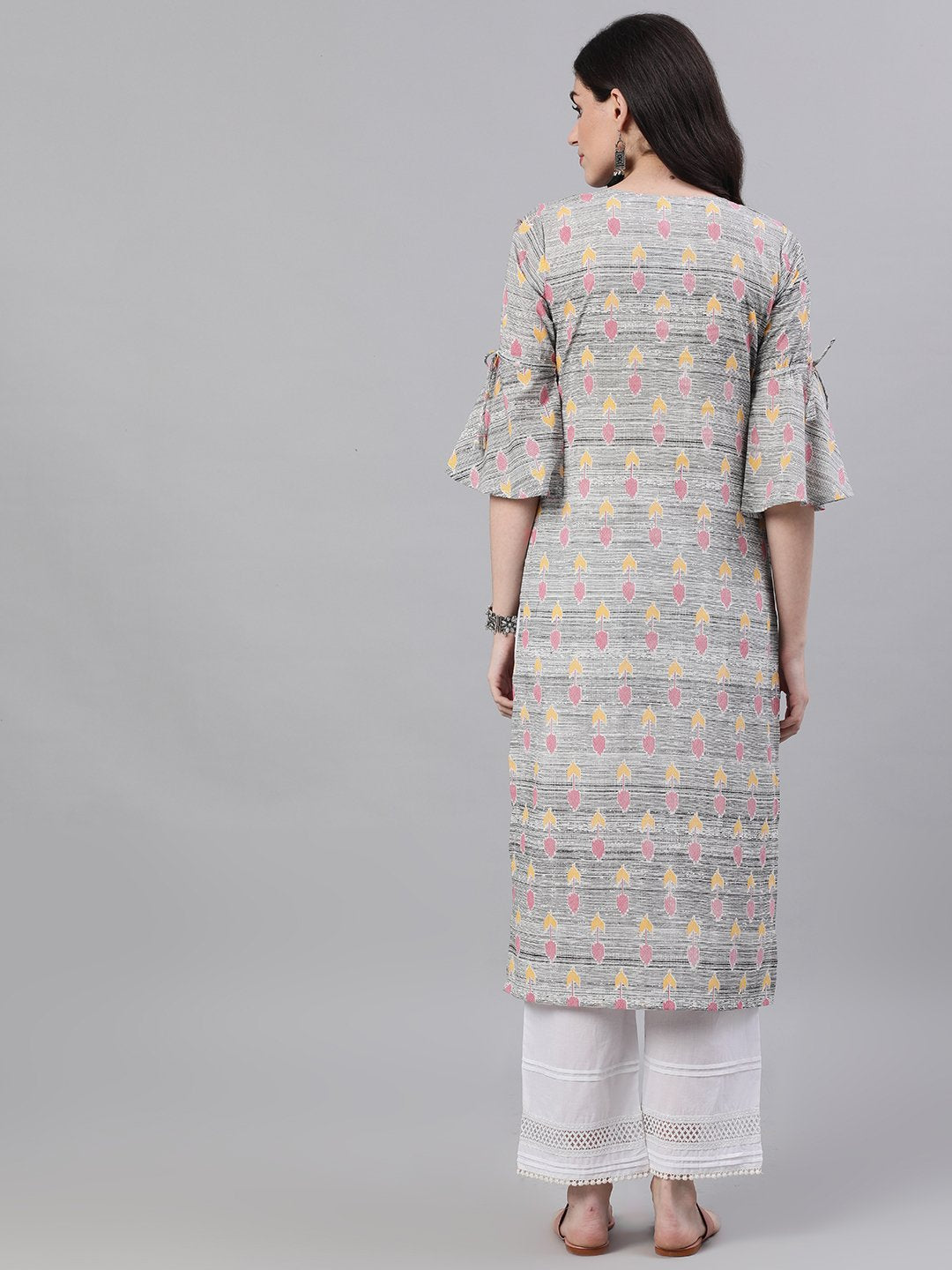 Women Grey Ethnic Motifs Printed V-Neck Cotton A-Line Dress | NOZ2TOZ - Made In INDIA.