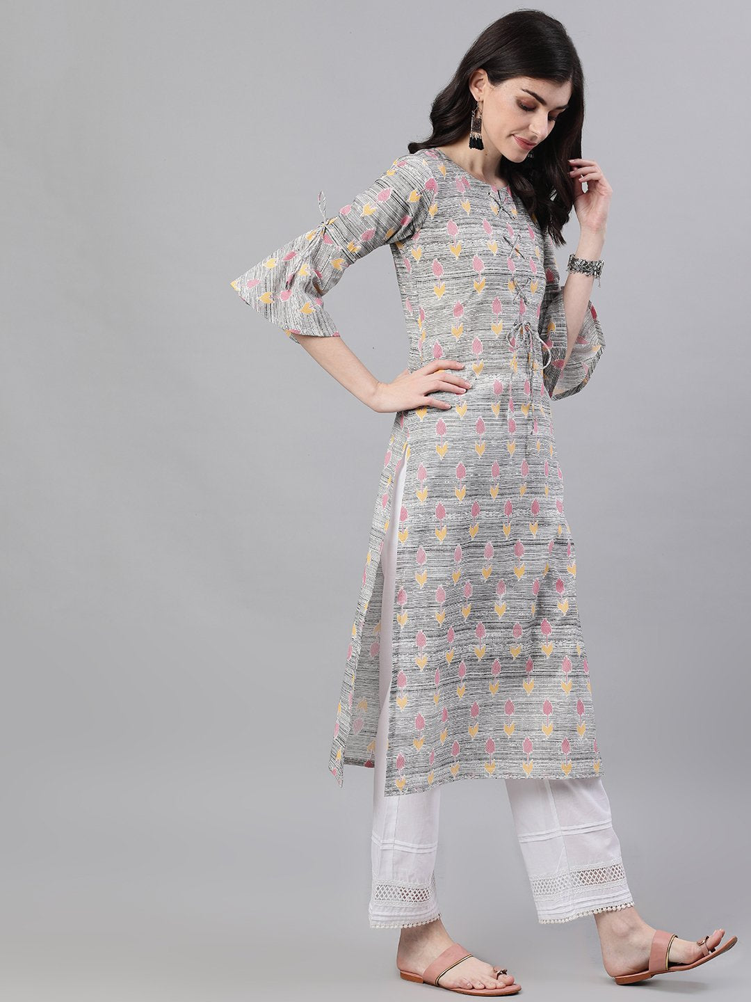 Women Grey Ethnic Motifs Printed V-Neck Cotton A-Line Dress | NOZ2TOZ - Made In INDIA.