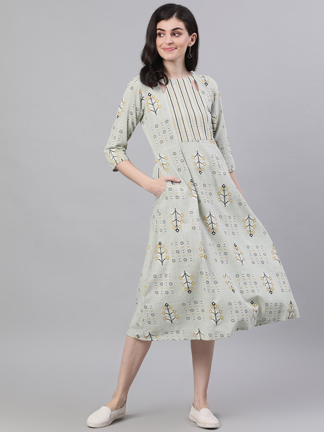 Women Sage Green Floral Printed Boat Neck Cotton A-Line Dress | NOZ2TOZ - Made In INDIA.