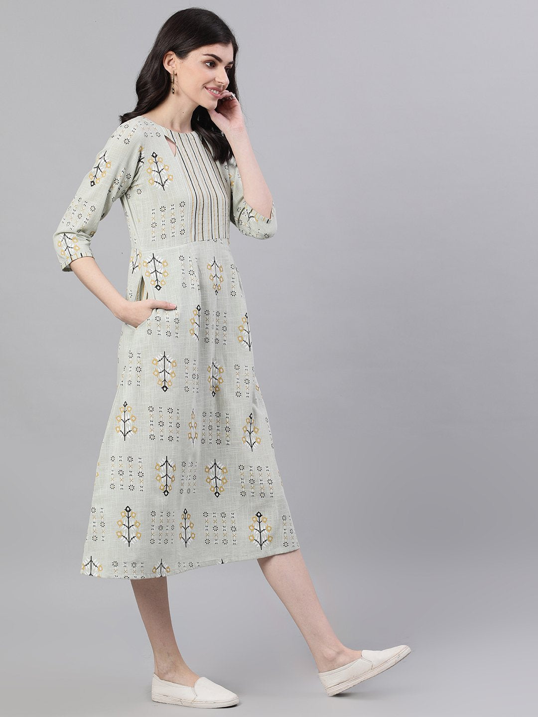 Women Sage Green Floral Printed Boat Neck Cotton A-Line Dress | NOZ2TOZ - Made In INDIA.