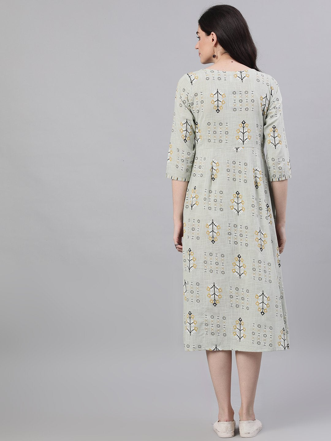 Women Sage Green Floral Printed Boat Neck Cotton A-Line Dress | NOZ2TOZ - Made In INDIA.