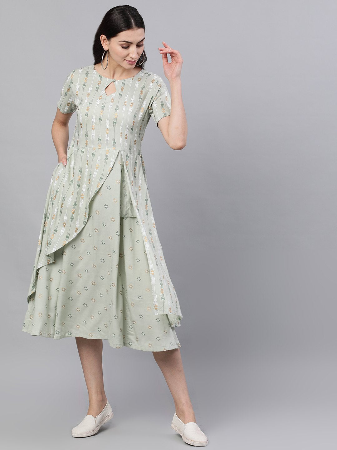 Women Sage Green Geometric Printed Keyhole Neck Viscose Rayon Fit and Flare Dress | NOZ2TOZ - Made In INDIA.