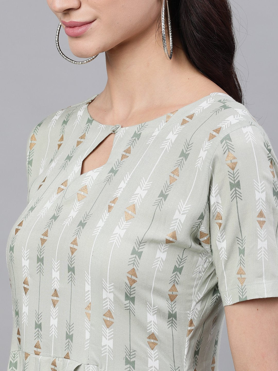 Women Sage Green Geometric Printed Keyhole Neck Viscose Rayon Fit and Flare Dress | NOZ2TOZ - Made In INDIA.