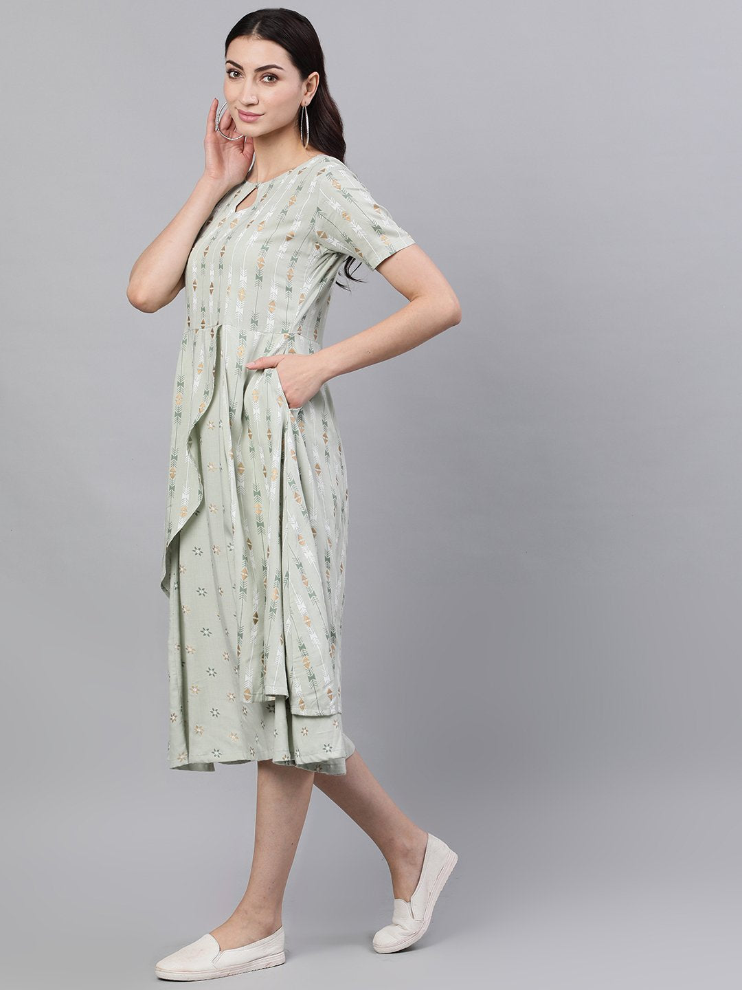 Women Sage Green Geometric Printed Keyhole Neck Viscose Rayon Fit and Flare Dress | NOZ2TOZ - Made In INDIA.