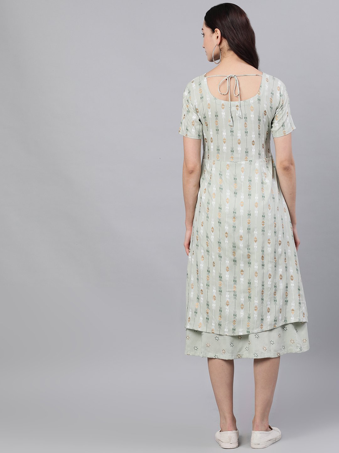 Women Sage Green Geometric Printed Keyhole Neck Viscose Rayon Fit and Flare Dress | NOZ2TOZ - Made In INDIA.