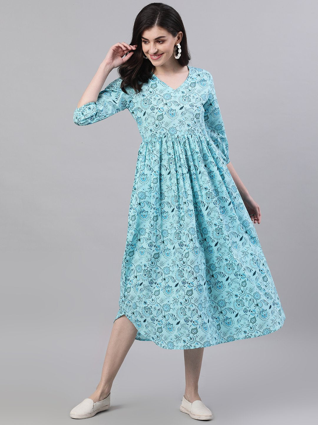 Women Blue Floral Printed V-Neck Cotton Fit and Flare Dress | NOZ2TOZ - Made In INDIA.