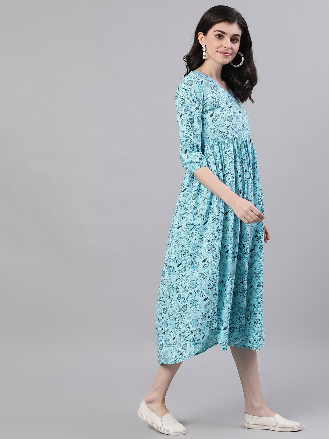 Women Blue Floral Printed V-Neck Cotton Fit and Flare Dress | NOZ2TOZ - Made In INDIA.