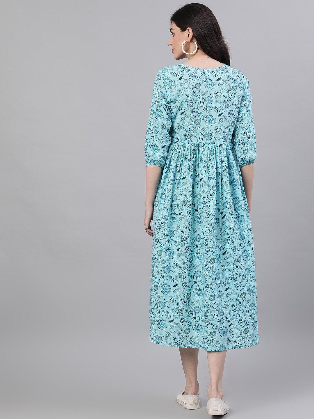 Women Blue Floral Printed V-Neck Cotton Fit and Flare Dress | NOZ2TOZ - Made In INDIA.