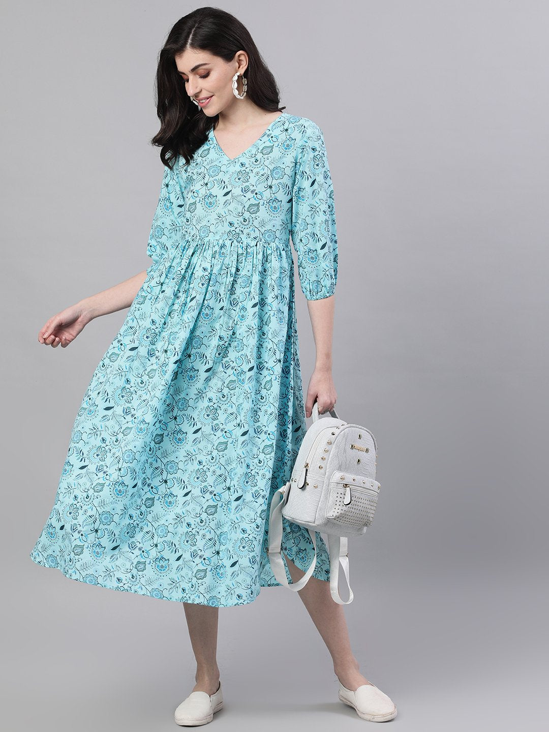 Women Blue Floral Printed V-Neck Cotton Fit and Flare Dress | NOZ2TOZ - Made In INDIA.