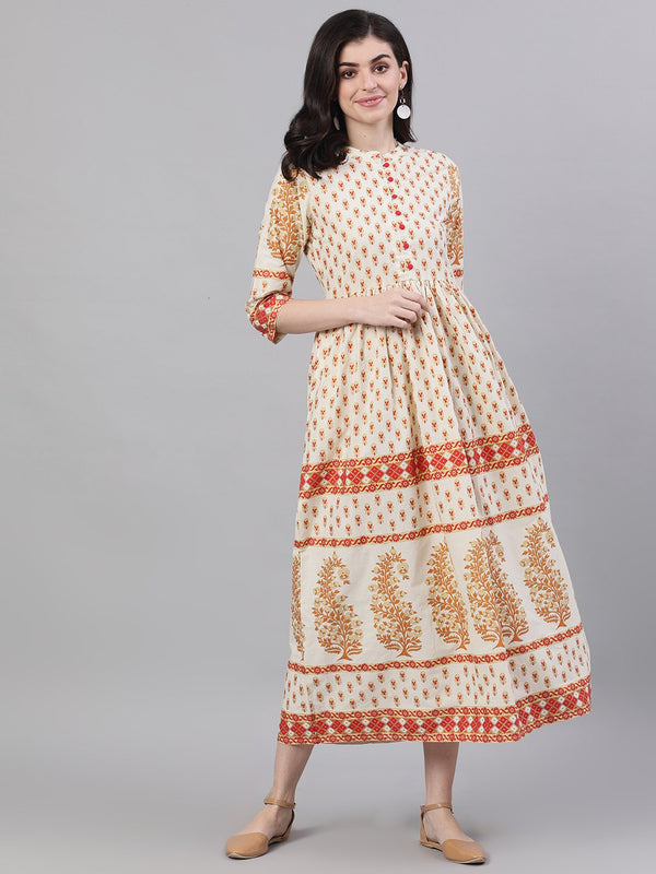 Women White Ethnic Motifs Printed Mandarin Collar Cotton Maxi Dress | NOZ2TOZ - Made In INDIA.