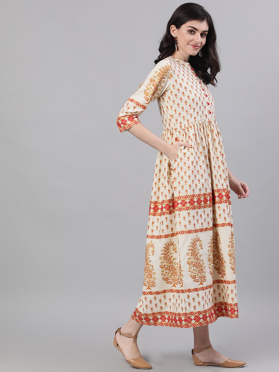 Women White Ethnic Motifs Printed Mandarin Collar Cotton Maxi Dress | NOZ2TOZ - Made In INDIA.