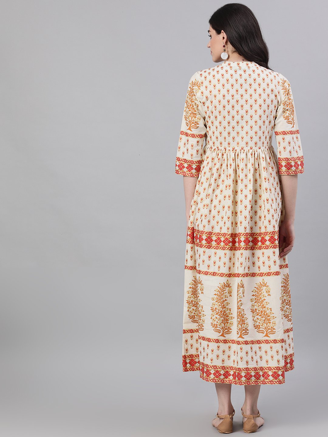 Women White Ethnic Motifs Printed Mandarin Collar Cotton Maxi Dress | NOZ2TOZ - Made In INDIA.