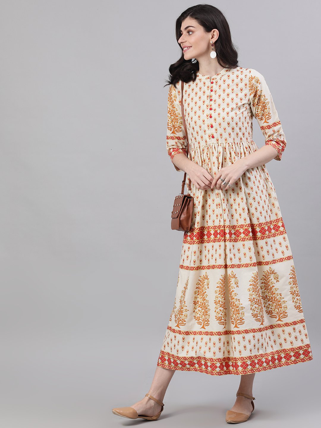 Women White Ethnic Motifs Printed Mandarin Collar Cotton Maxi Dress | NOZ2TOZ - Made In INDIA.