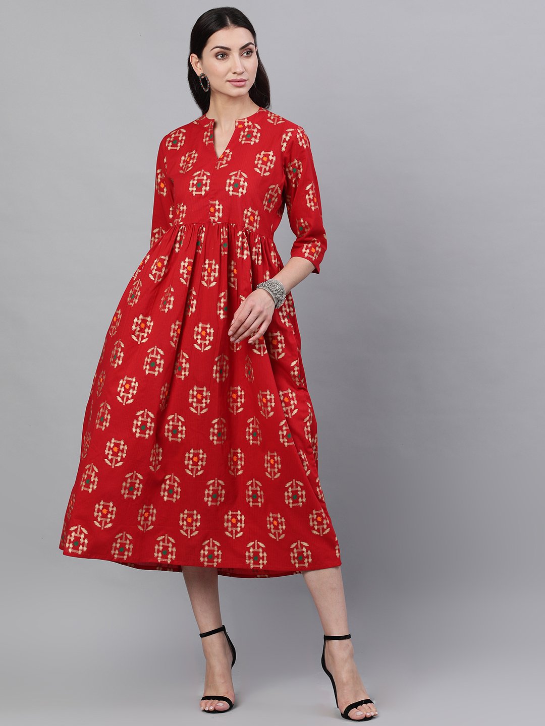 Women Red Ethnic Motifs Printed Mandarin Collar Viscose Rayon Maxi Dress | NOZ2TOZ - Made In INDIA.