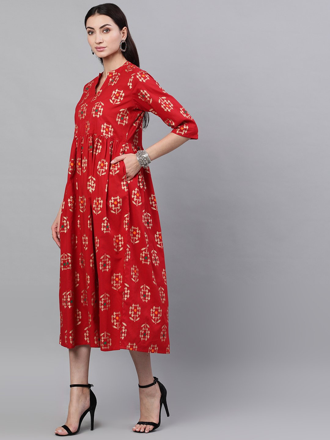 Women Red Ethnic Motifs Printed Mandarin Collar Viscose Rayon Maxi Dress | NOZ2TOZ - Made In INDIA.