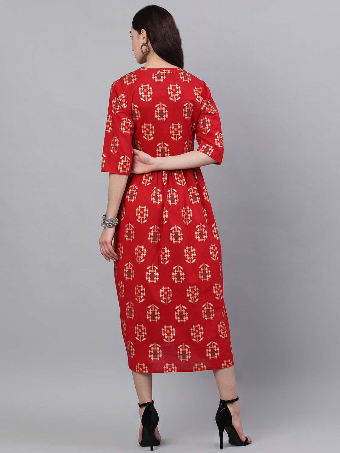 Women Red Ethnic Motifs Printed Mandarin Collar Viscose Rayon Maxi Dress | NOZ2TOZ - Made In INDIA.