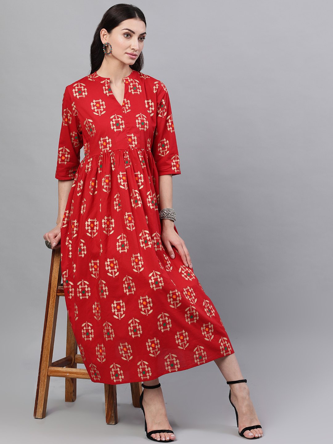 Women Red Ethnic Motifs Printed Mandarin Collar Viscose Rayon Maxi Dress | NOZ2TOZ - Made In INDIA.