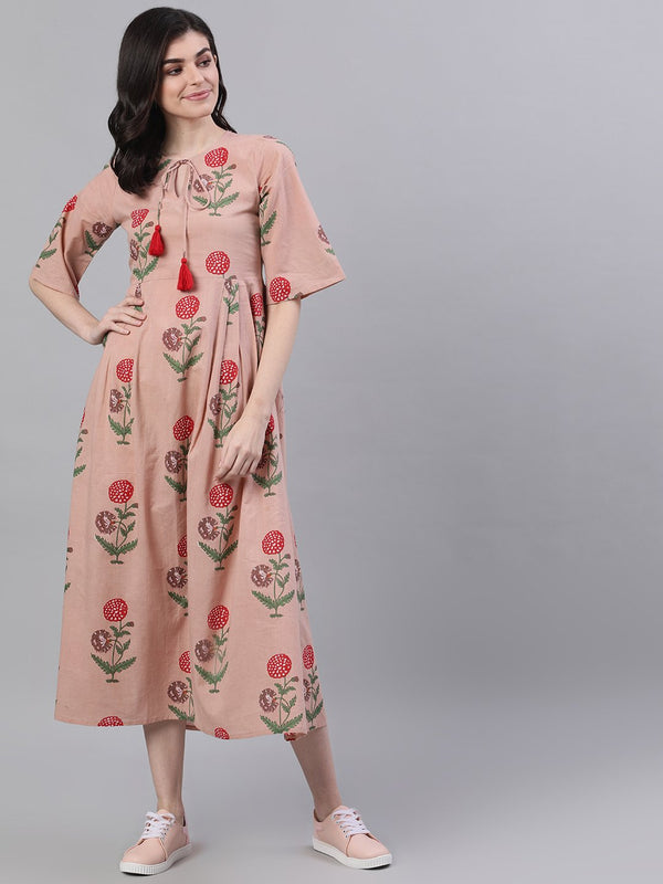 Women Dusty Pink Floral Printed Tie-Up Neck Cotton Maxi Dress | NOZ2TOZ - Made In INDIA.