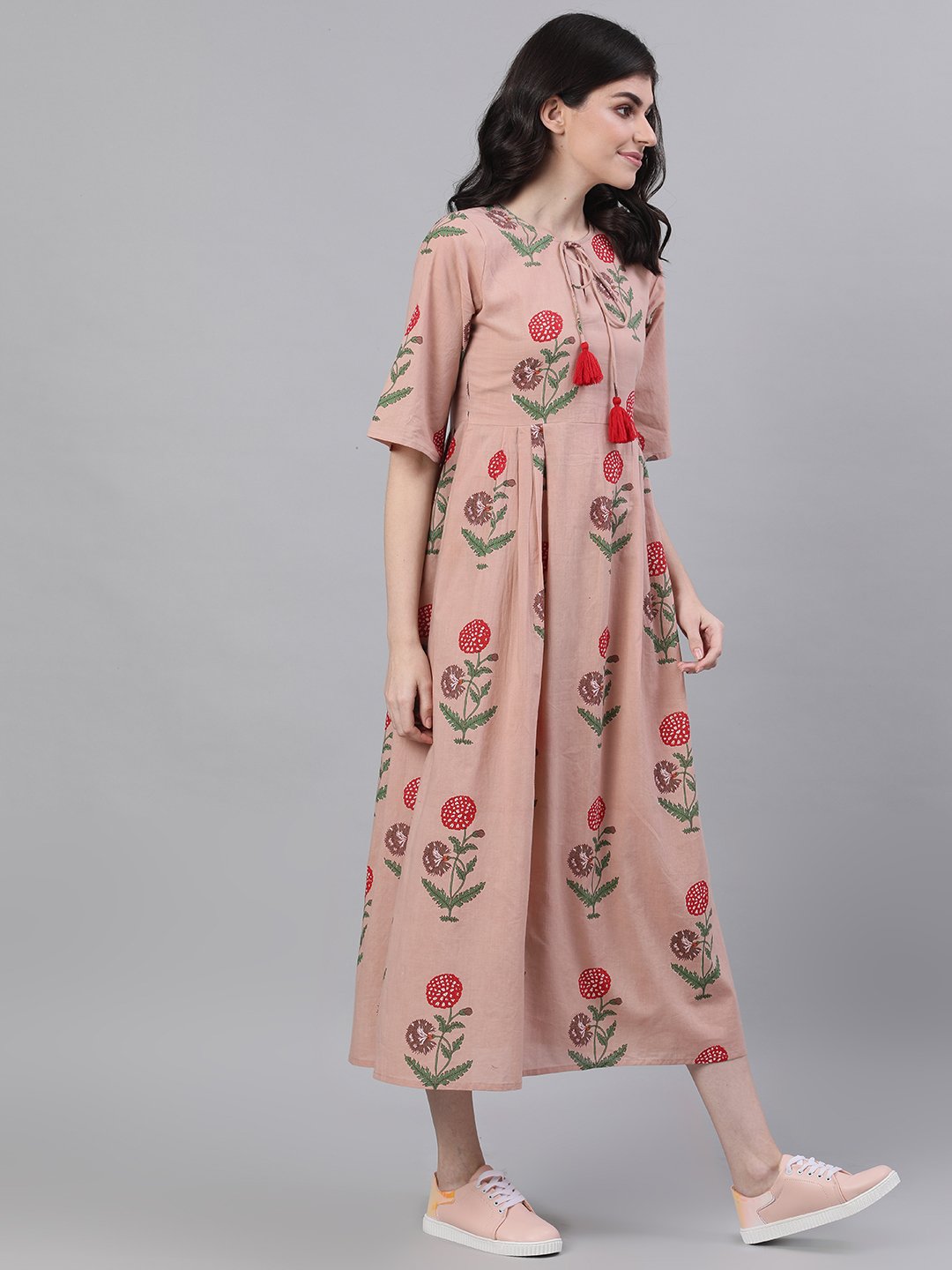 Women Dusty Pink Floral Printed Tie-Up Neck Cotton Maxi Dress | NOZ2TOZ - Made In INDIA.