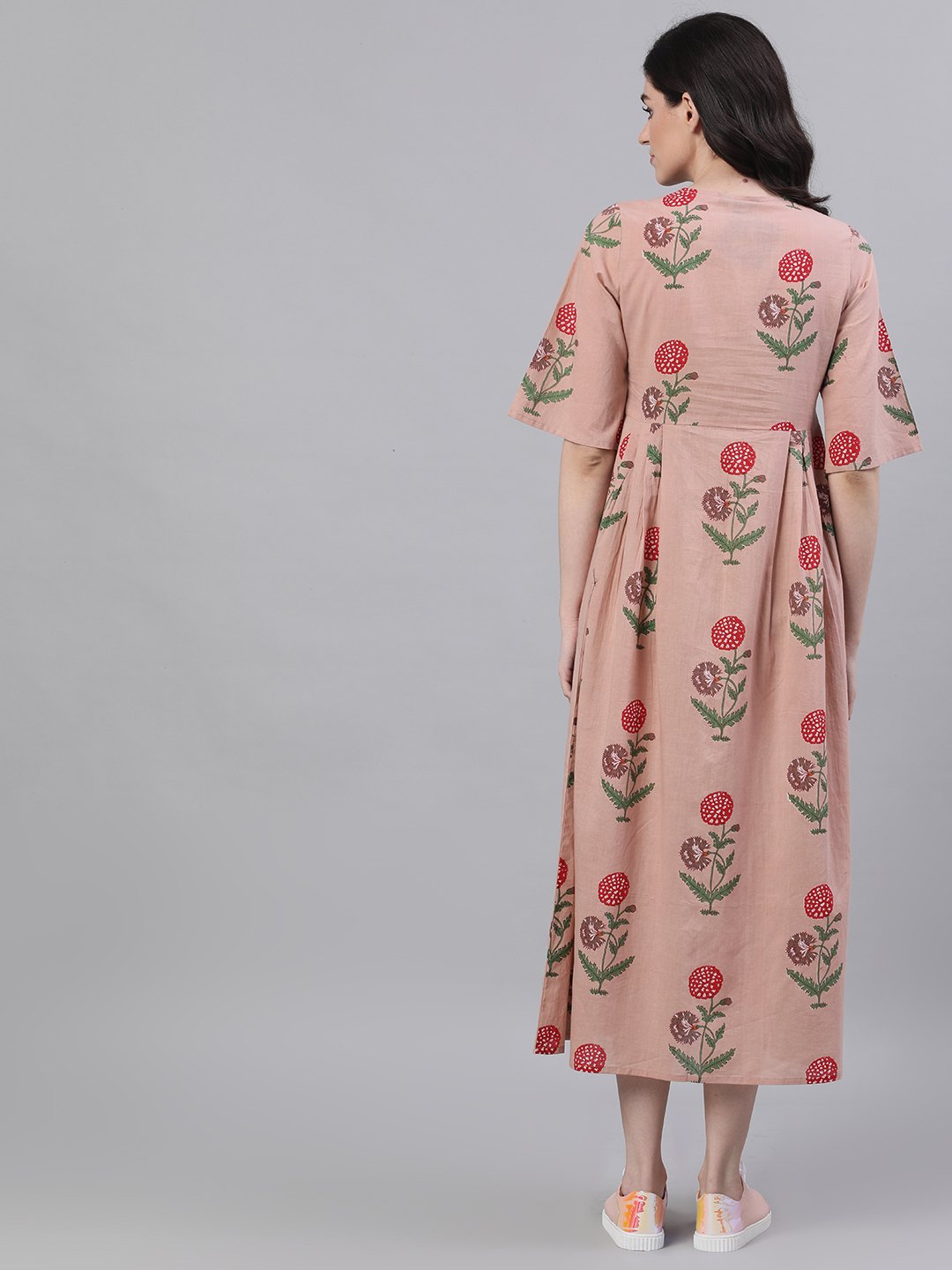 Women Dusty Pink Floral Printed Tie-Up Neck Cotton Maxi Dress | NOZ2TOZ - Made In INDIA.