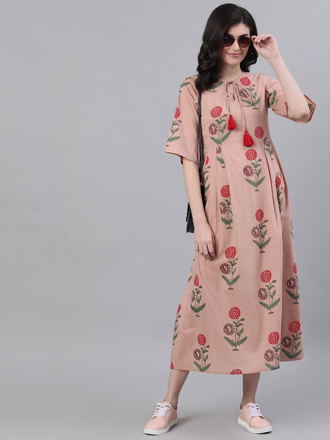 Women Dusty Pink Floral Printed Tie-Up Neck Cotton Maxi Dress | NOZ2TOZ - Made In INDIA.