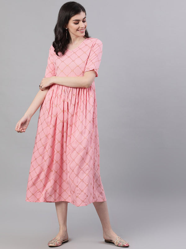 Women Pink Checked Checked V-Neck Viscose Rayon Maxi Dress | NOZ2TOZ - Made In INDIA.