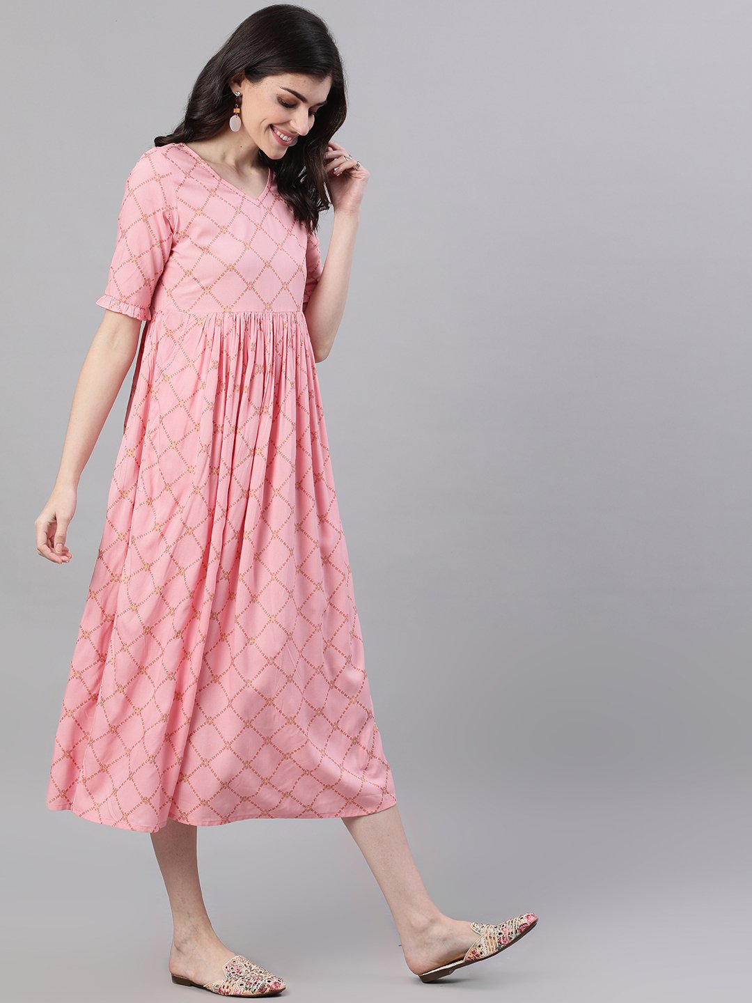 Women Pink Checked Checked V-Neck Viscose Rayon Maxi Dress | NOZ2TOZ - Made In INDIA.