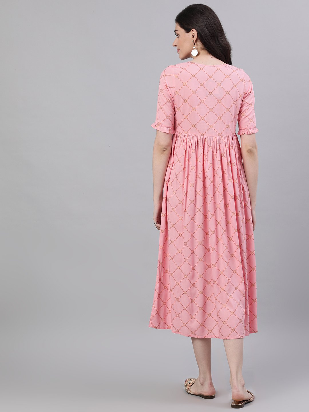 Women Pink Checked Checked V-Neck Viscose Rayon Maxi Dress | NOZ2TOZ - Made In INDIA.