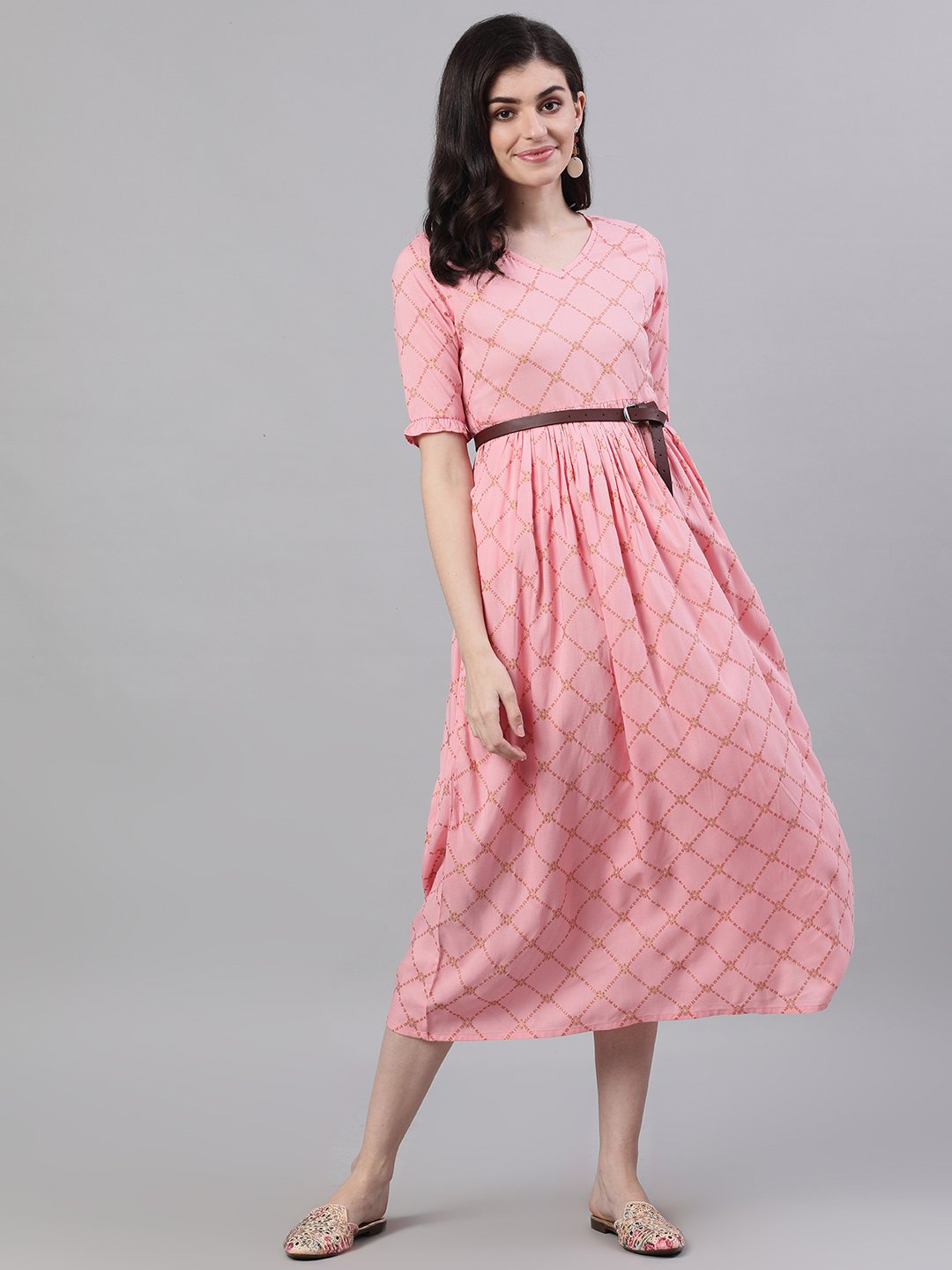 Women Pink Checked Checked V-Neck Viscose Rayon Maxi Dress | NOZ2TOZ - Made In INDIA.