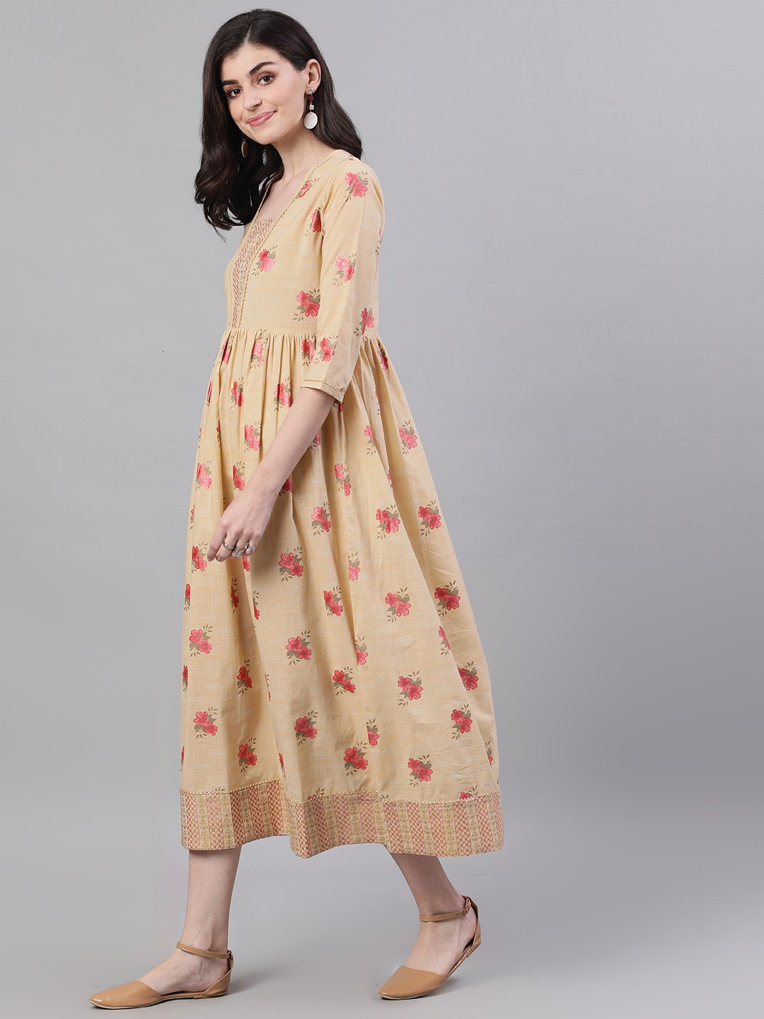 Women Yellow Floral Printed Square Neck Cotton Maxi Dress | NOZ2TOZ - Made In INDIA.