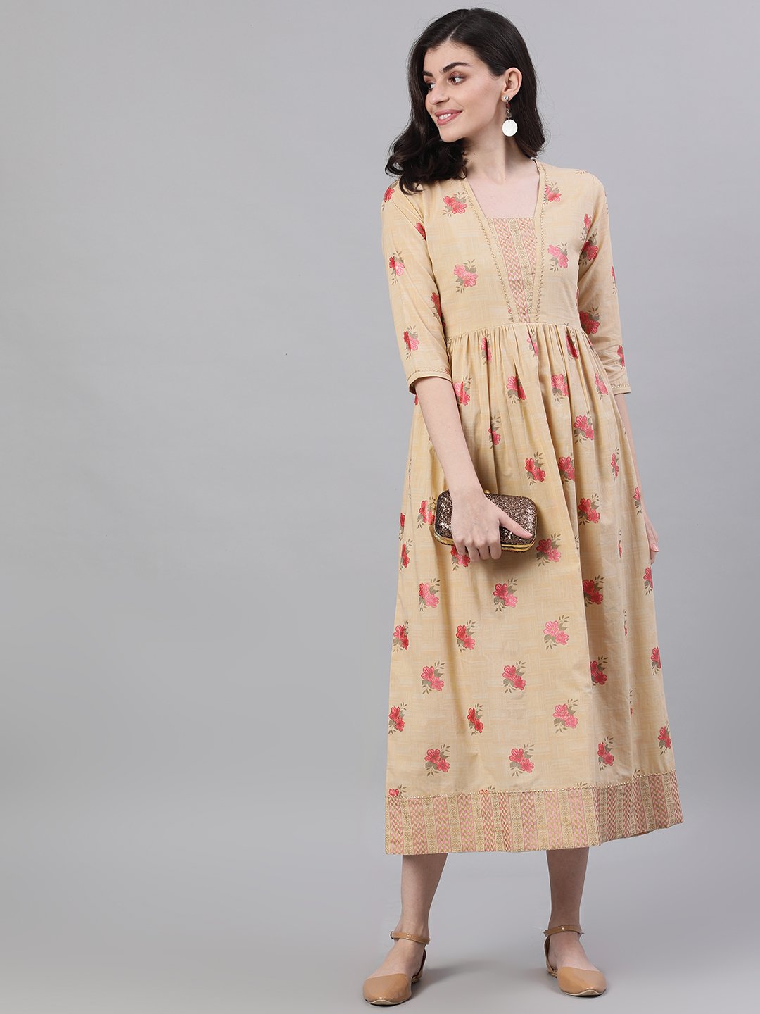 Women Yellow Floral Printed Square Neck Cotton Maxi Dress | NOZ2TOZ - Made In INDIA.