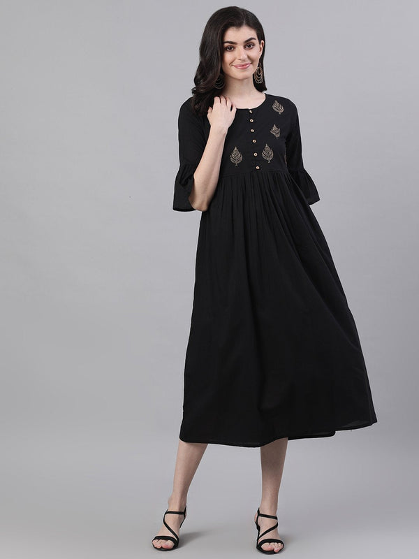 Women Black Solid Solid Round Neck Cotton Maxi Dress | NOZ2TOZ - Made In INDIA.