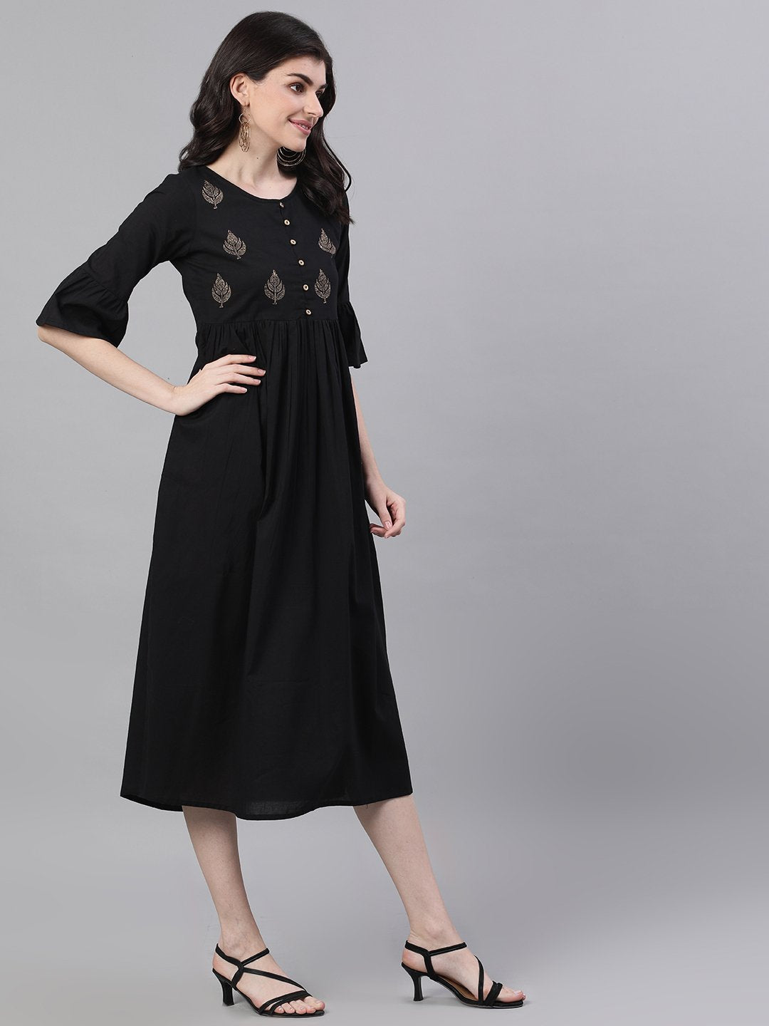 Women Black Solid Solid Round Neck Cotton Maxi Dress | NOZ2TOZ - Made In INDIA.