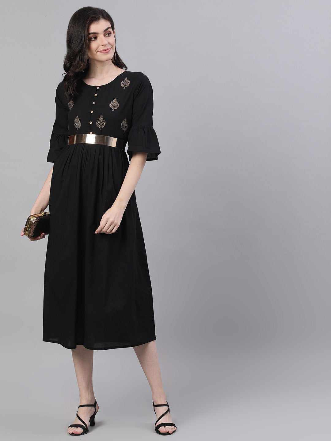 Women Black Solid Solid Round Neck Cotton Maxi Dress | NOZ2TOZ - Made In INDIA.