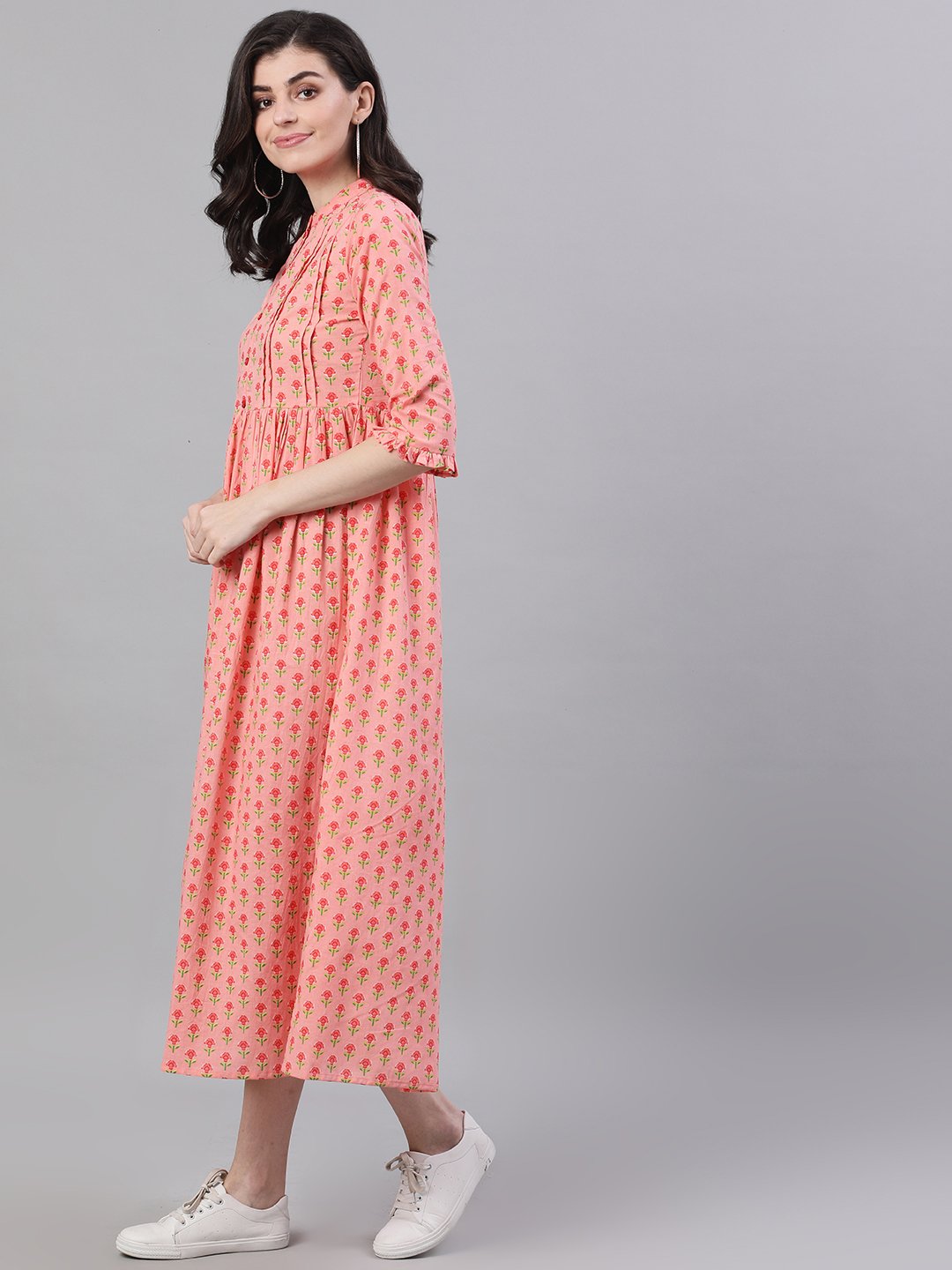 Women Pink Floral Printed Mandarin Collar Cotton Maxi Dress | NOZ2TOZ - Made In INDIA.