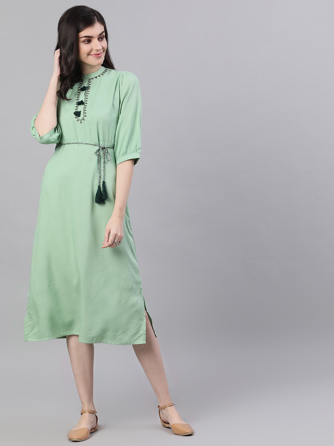 Women Pastel Green Solid Solid Mandarin Collar Viscose Rayon Maxi Dress | NOZ2TOZ - Made In INDIA.