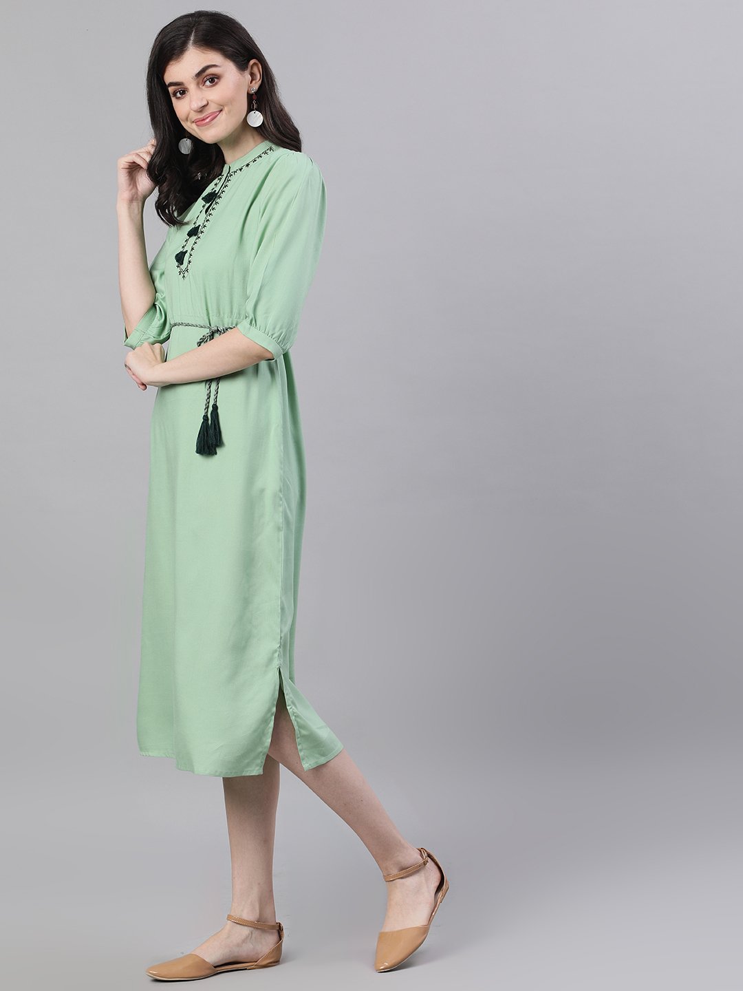 Women Pastel Green Solid Solid Mandarin Collar Viscose Rayon Maxi Dress | NOZ2TOZ - Made In INDIA.