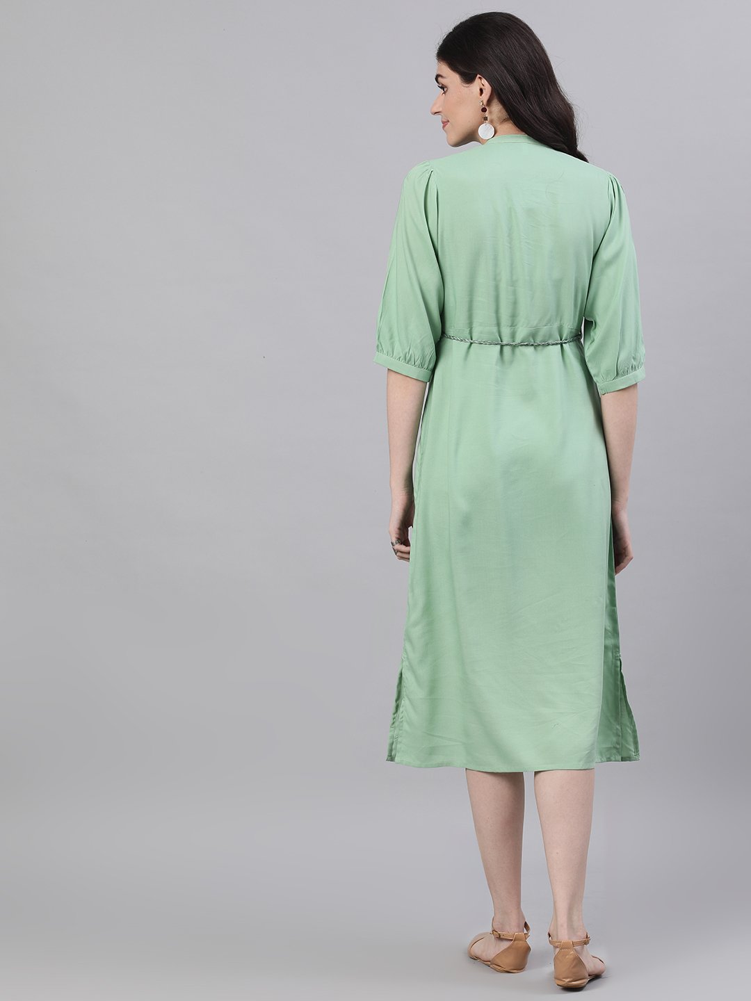 Women Pastel Green Solid Solid Mandarin Collar Viscose Rayon Maxi Dress | NOZ2TOZ - Made In INDIA.